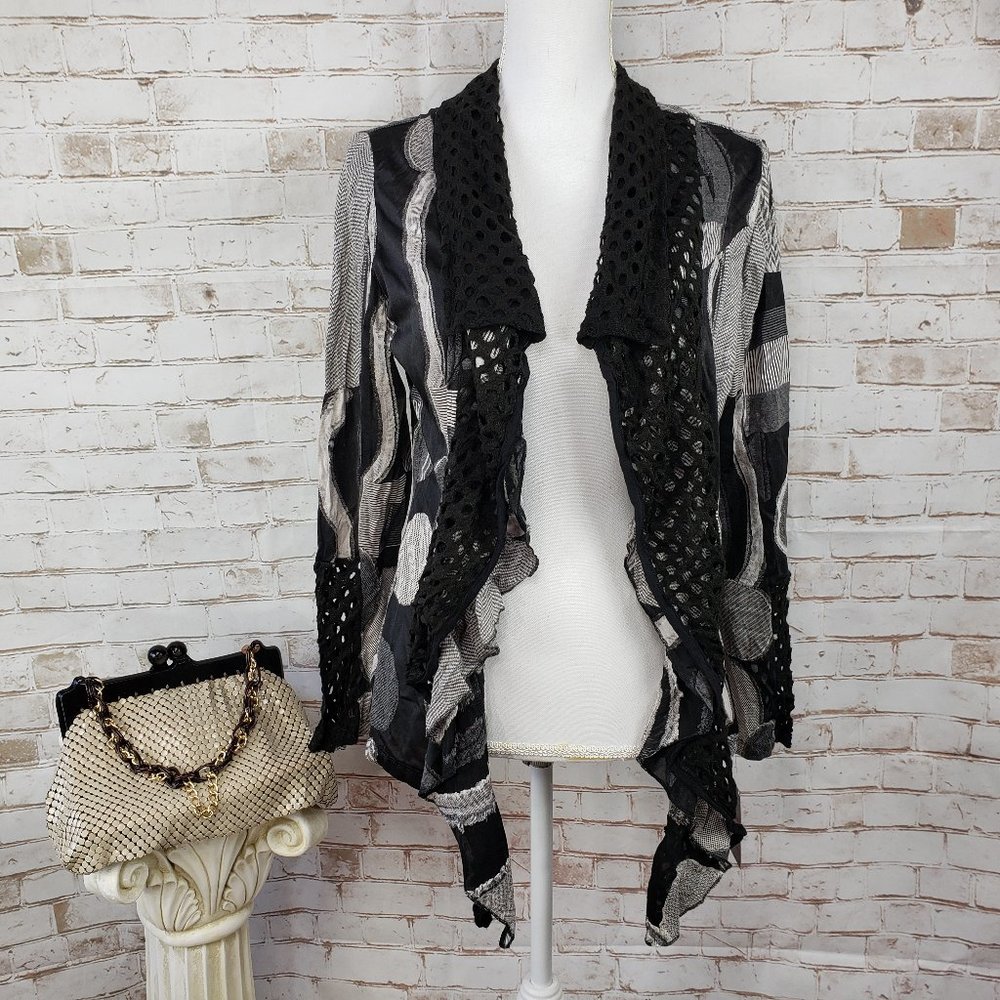 NWT Alison Sheri S Black Gray Mixed Fabric Open Waterfall Cardigan Lightweight